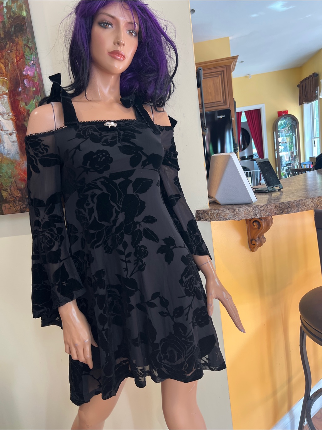 Black Floral Velvet Burnout Cold-Shoulder Gothic S Swing Dress Nwt